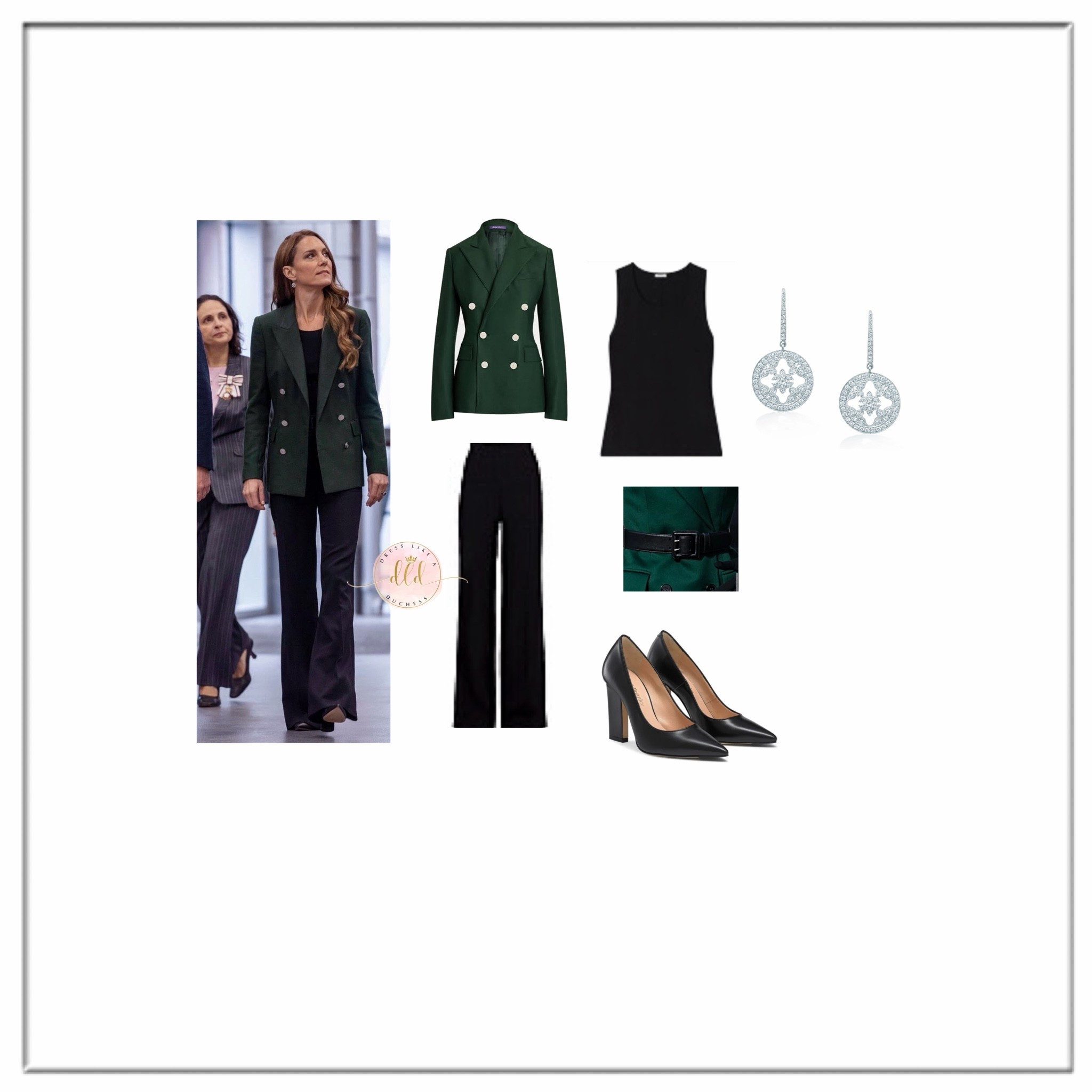 9/29/26 Kate Middleton visited the Leeds Rhinos rugby team at Headingley Rugby Stadium wearing her Ralph Lauren Camden blazer + possibly Joseph tank top + Mappin Webb Empress earrings + Russell & Bromley 
heels (possibly past season Rossi) + unidentified black square belt + Roland Mouret Axon trousers

Image via Getty/Instagran
