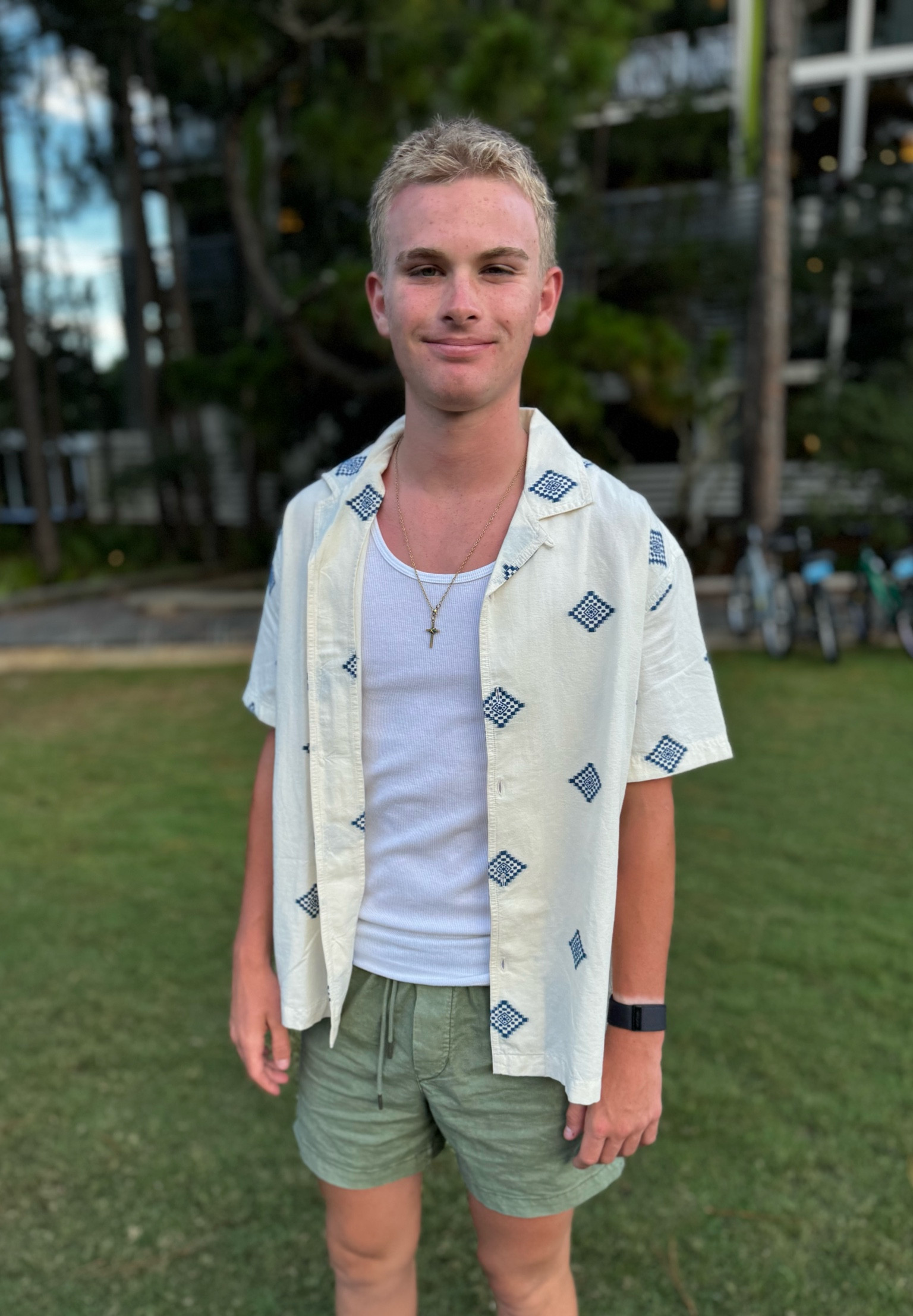 Summer fit for teen boys. 

M is 6”, 155#. Wearing S in shorts, tank, button upp

#LTKMens #LTKSummerSales #LTKSeasonal