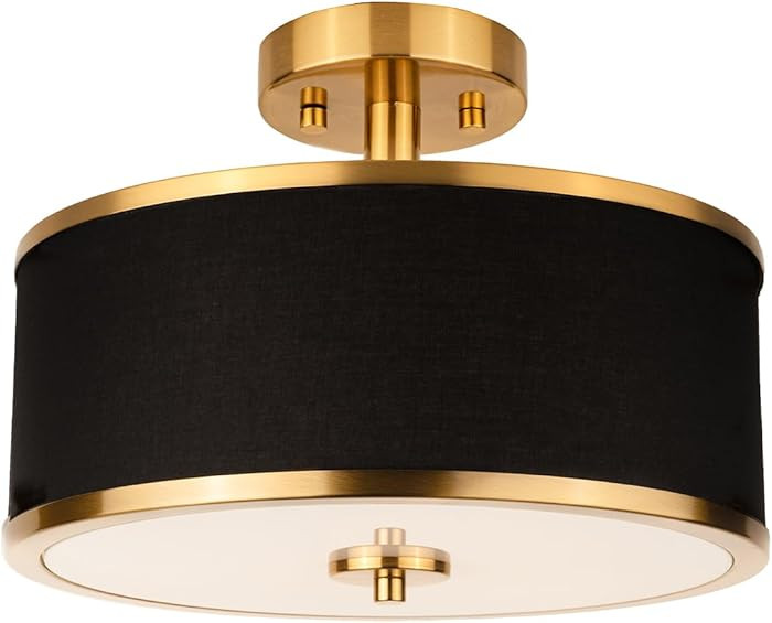 Edwarmlux 3-Light Semi Flush Mount Ceiling Light Fixture, 12.6" Gold Drum Light with Black Fabric... | Amazon (US)