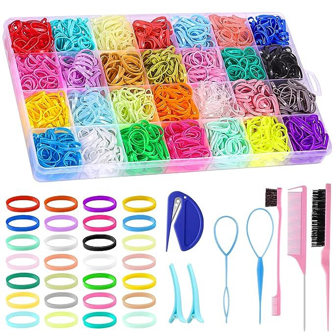 28 Colors Rubber Bands for Hair with 8 Hair Styling Tools, 1500 Pcs Colorful Elastic Hair Ties Sm... | Amazon (US)