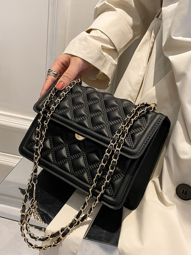 Quadratische Tasche mit Gestepptem Muster, Klappe, Kette | SHEIN