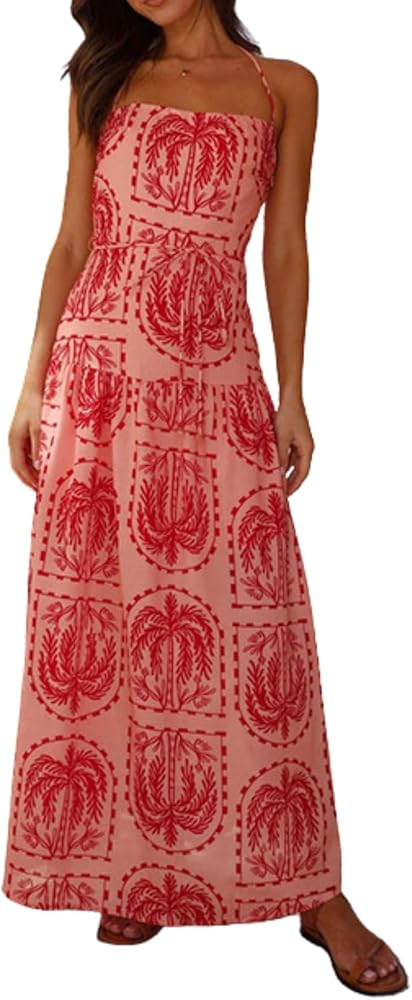 LIZALIG Boho Maxi Dress Airy Summer Dresses for Women Hanging Neck Hawaiian Floral Beach Wedding ... | Amazon (US)