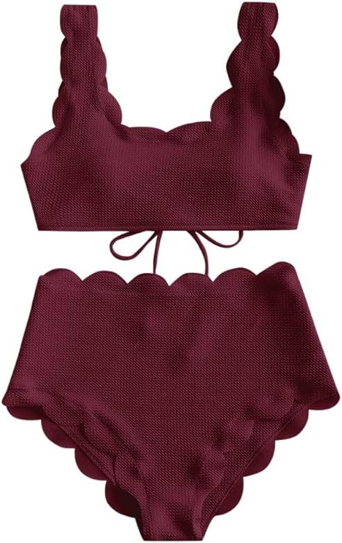 Women's Scalloped Textured Swimwear High Waisted Wide Strap Adjustable Back Lace-up Bikini Set Sw... | Amazon (US)