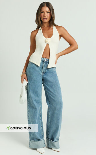 Arwyne Jeans - Mid Rise Baggy Deep Turnup Recycled Denim Jeans in Light Blue Wash | Showpo (US, UK & Europe)