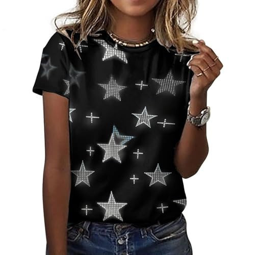 SDGTCVBHSGD Women Black White Sparkle Star Print T-Shirt Trendy Short Sleeve Tees Round Neck Soft Comfy Cotton Tops for Daily Wear XL | Amazon (US)