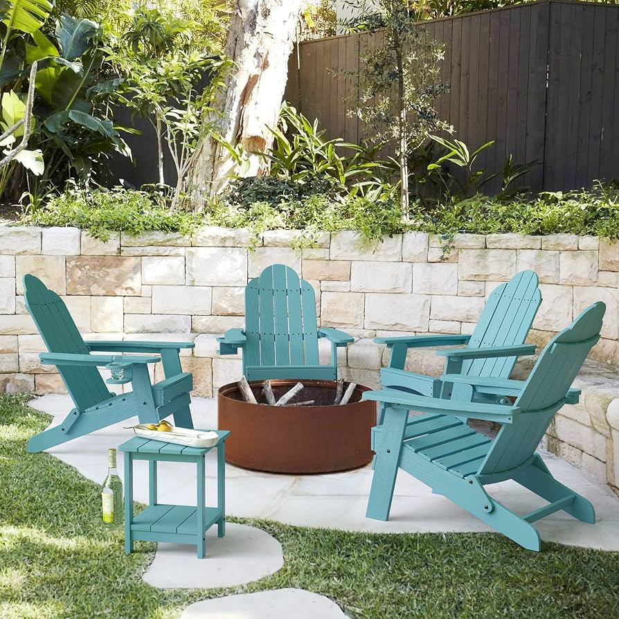 LUE BONA Folding Adirondack Chair Set of 4, Blue Turquoise Poly Fire Pit Adirondack Chairs Weathe... | Amazon (US)