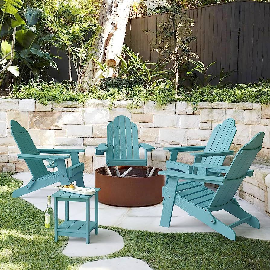 LUE BONA Folding Adirondack Chair Set of 4, Blue Turquoise Poly Fire Pit Adirondack Chairs Weathe... | Amazon (US)