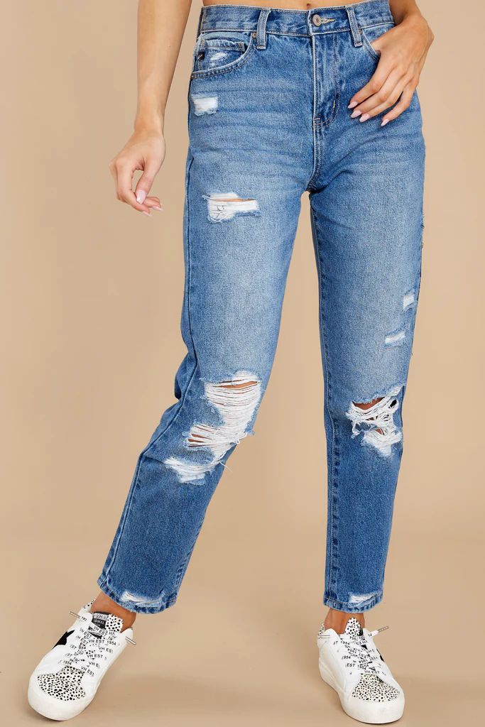 Working On It Medium Wash Distressed Mom Jeans | Red Dress 