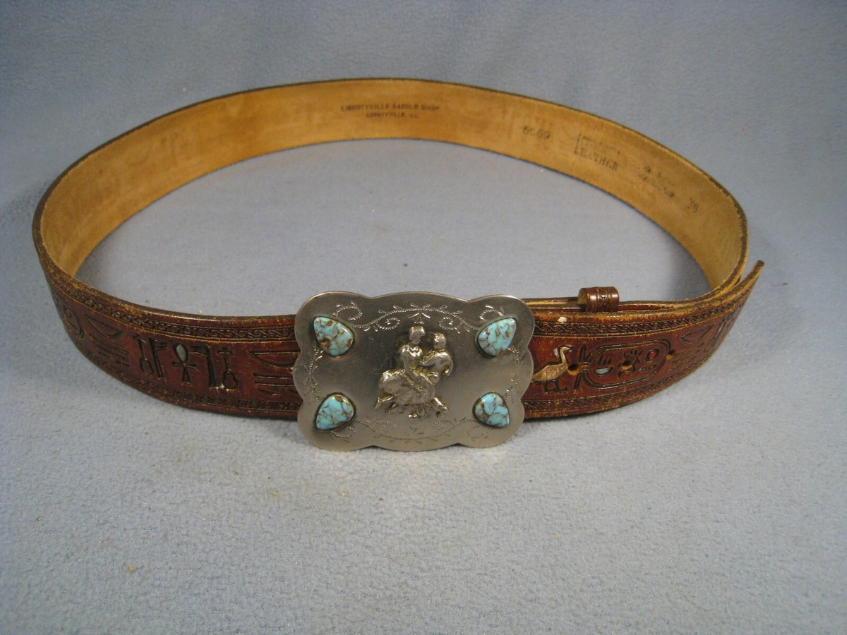 Vintage Turquoise Belt Buckle with 38" Long Leather Belt | eBay US
