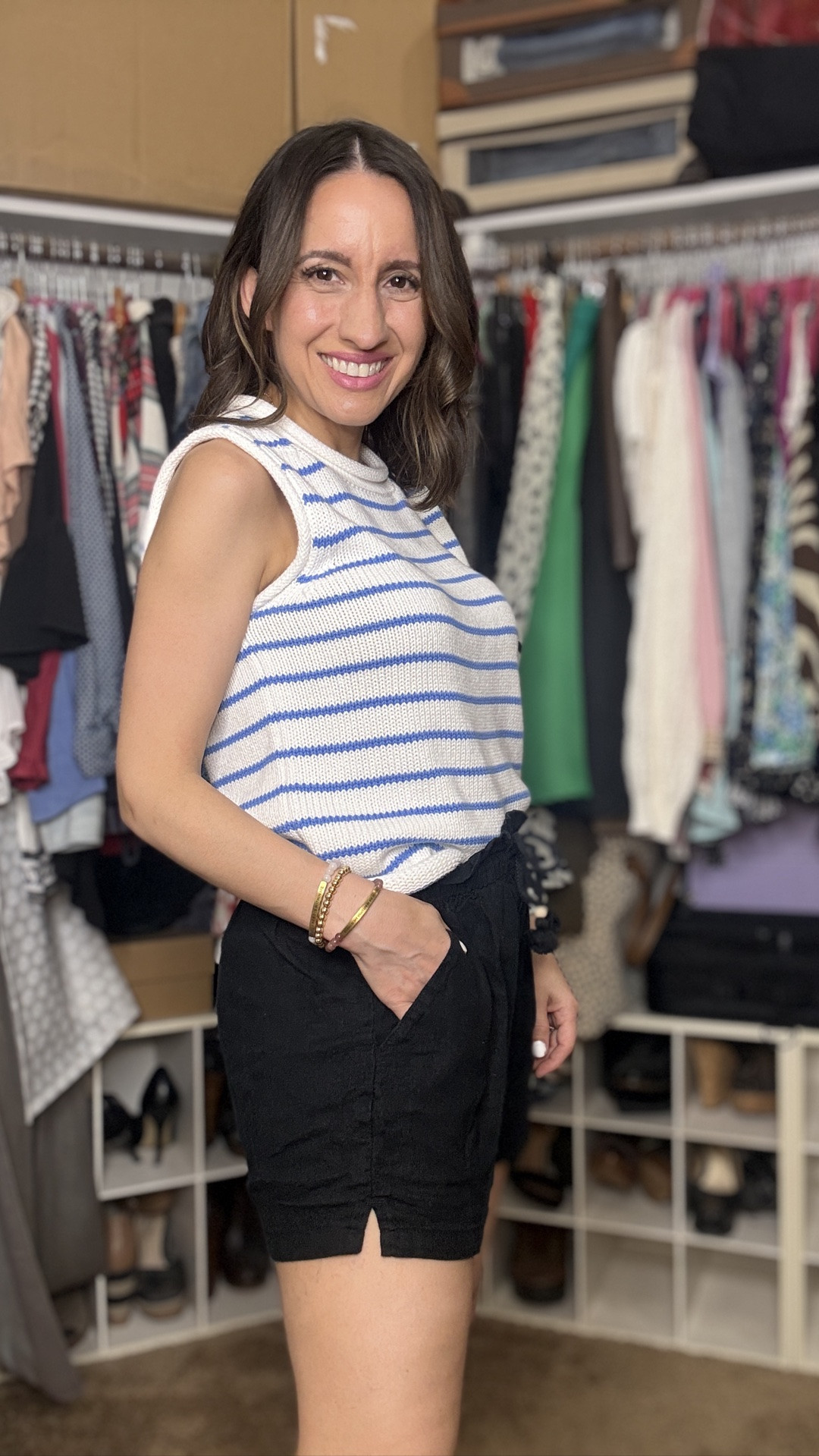 Blue and white light weight sleeveless sweater and shorts. 
Love this combo. 
Petite finds 
Summer style finds
Walmart  style

#LTKOver40 #LTKPetite #LTKootd