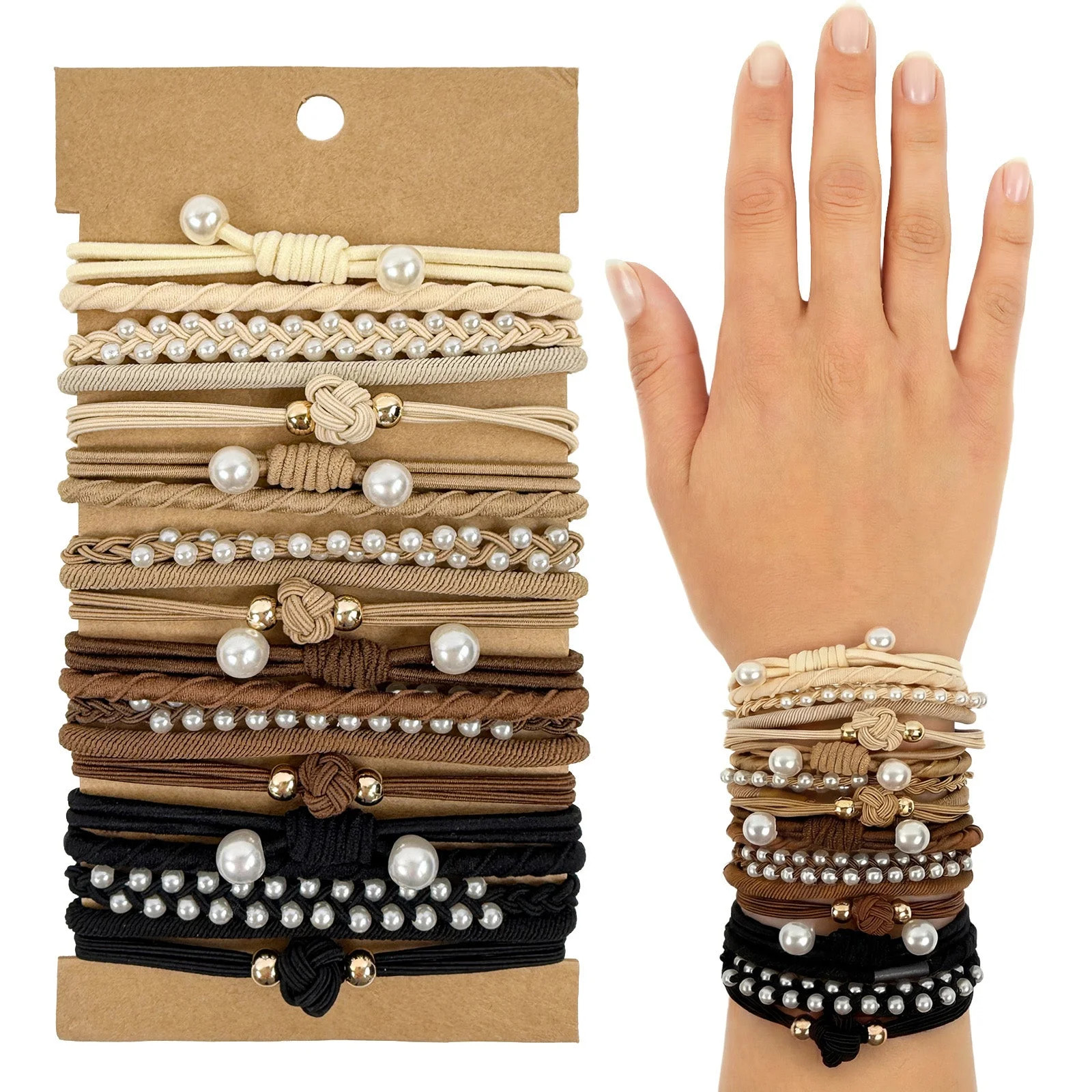 allydrew Boho Hair Tie Bracelets for Women, No Damage Elastic Hair Bands, Hair Accessories for Thick and Thin Ponytails (20pcs), Pearls Neutral - Walmart.com | Walmart (US)