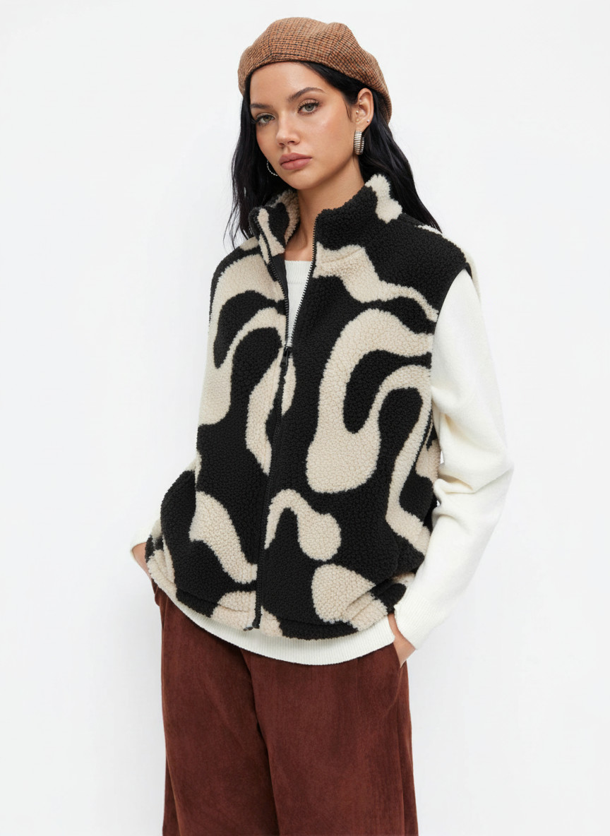 Fleece Fleece High Neck Geometric Puffer Vest For Daily Casual | Cider