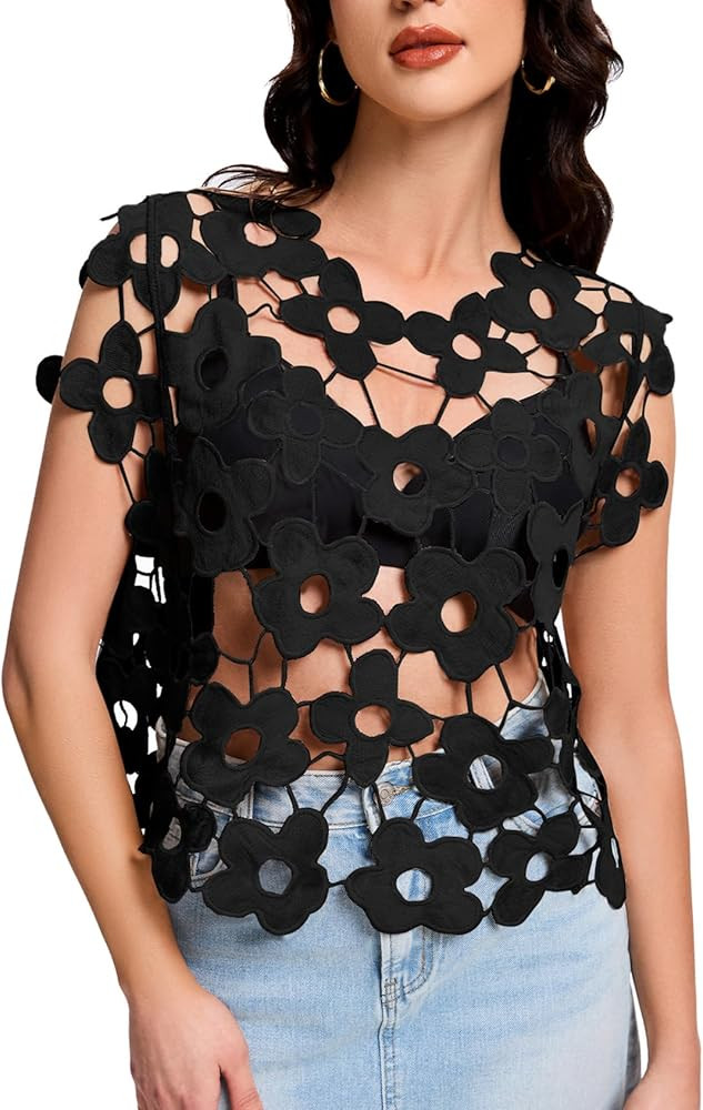 Flygo Hollow Out Floral Lace Crop Top for Women 2025 Trendy Sleeveless Crochet Vest Cover up Y2K ... | Amazon (US)