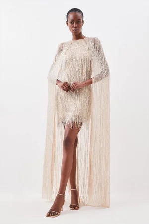 Embellished Fringe Caped Woven Mini Dress | Karen Millen US