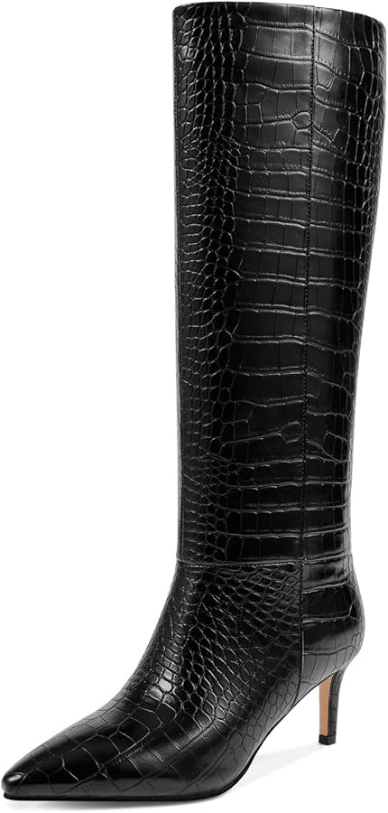 wetkiss Knee High Boots for Women - Pointed Toe Kitten Heel & Crocodile, Side Full Zipper for Eas... | Amazon (US)