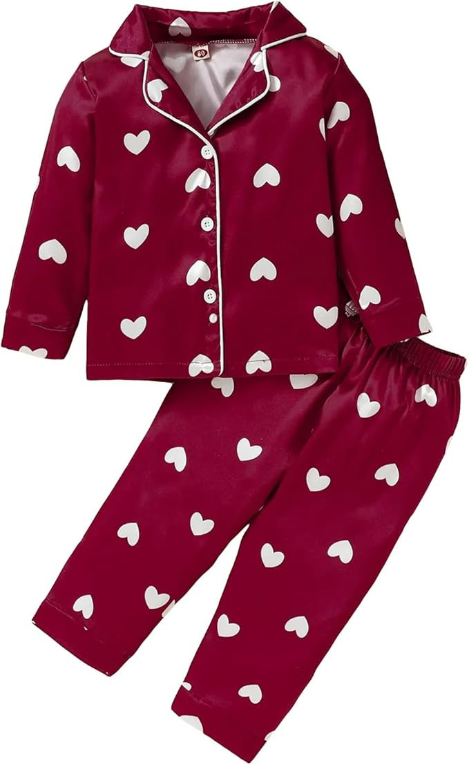 KMBANGI Toddler Baby Girls Satin Valentine's Day Pajamas Heart Print Long Sleeve Button-Down Set ... | Amazon (US)