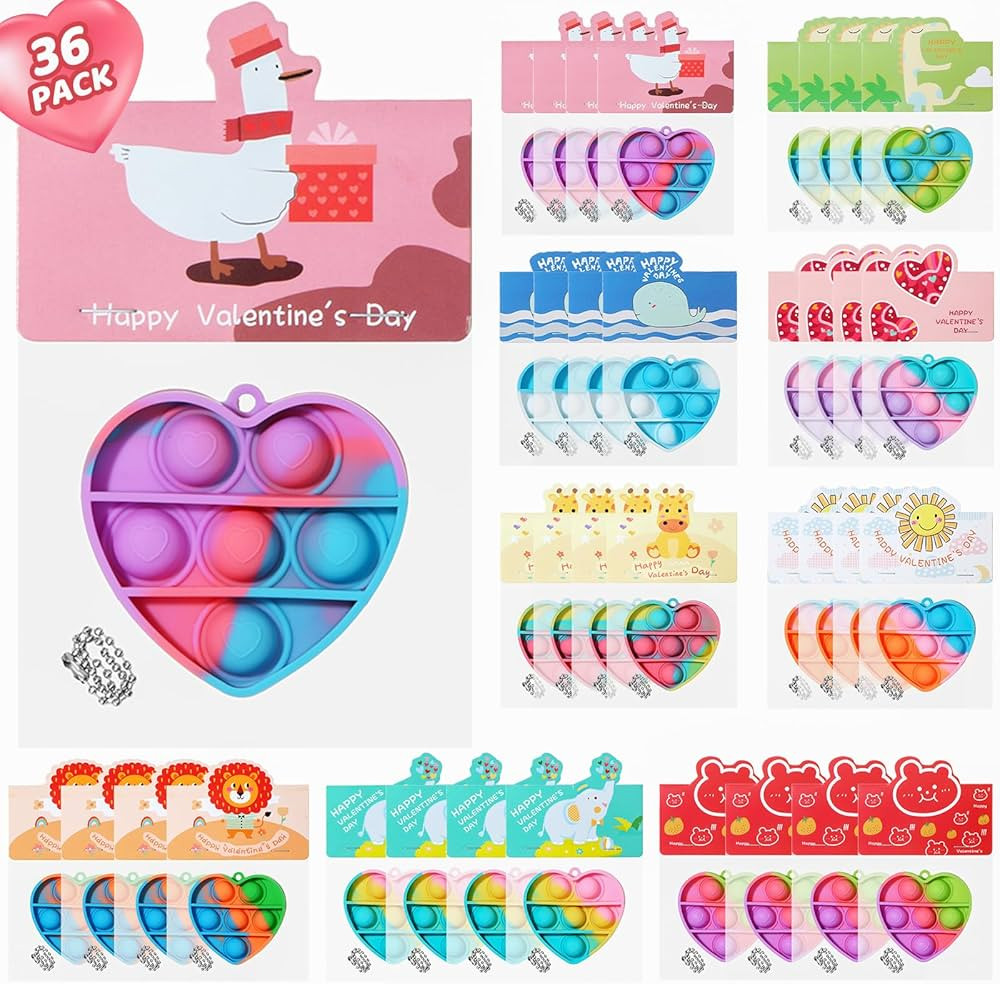 Valentines Day Gifts for Kids - Prefilled 36 Pack Heart Pop Fidget Keychain Toys Bulk with Valent... | Amazon (US)