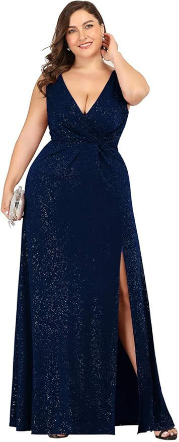 Ever-Pretty Women's V-Neck Glitter Dress Side Split Plus Size Evening Dress 07505 | Amazon (US)
