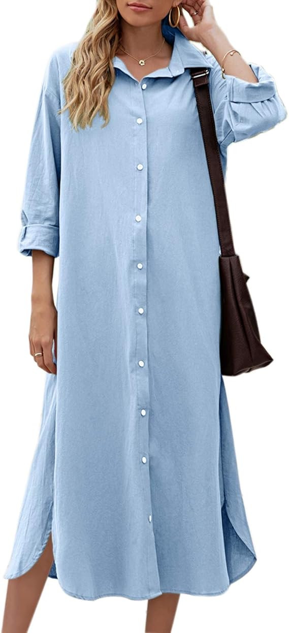 Sopliagon Women Cotton and Linen Shirt Dress Casual Loose Maxi Dresses | Amazon (US)