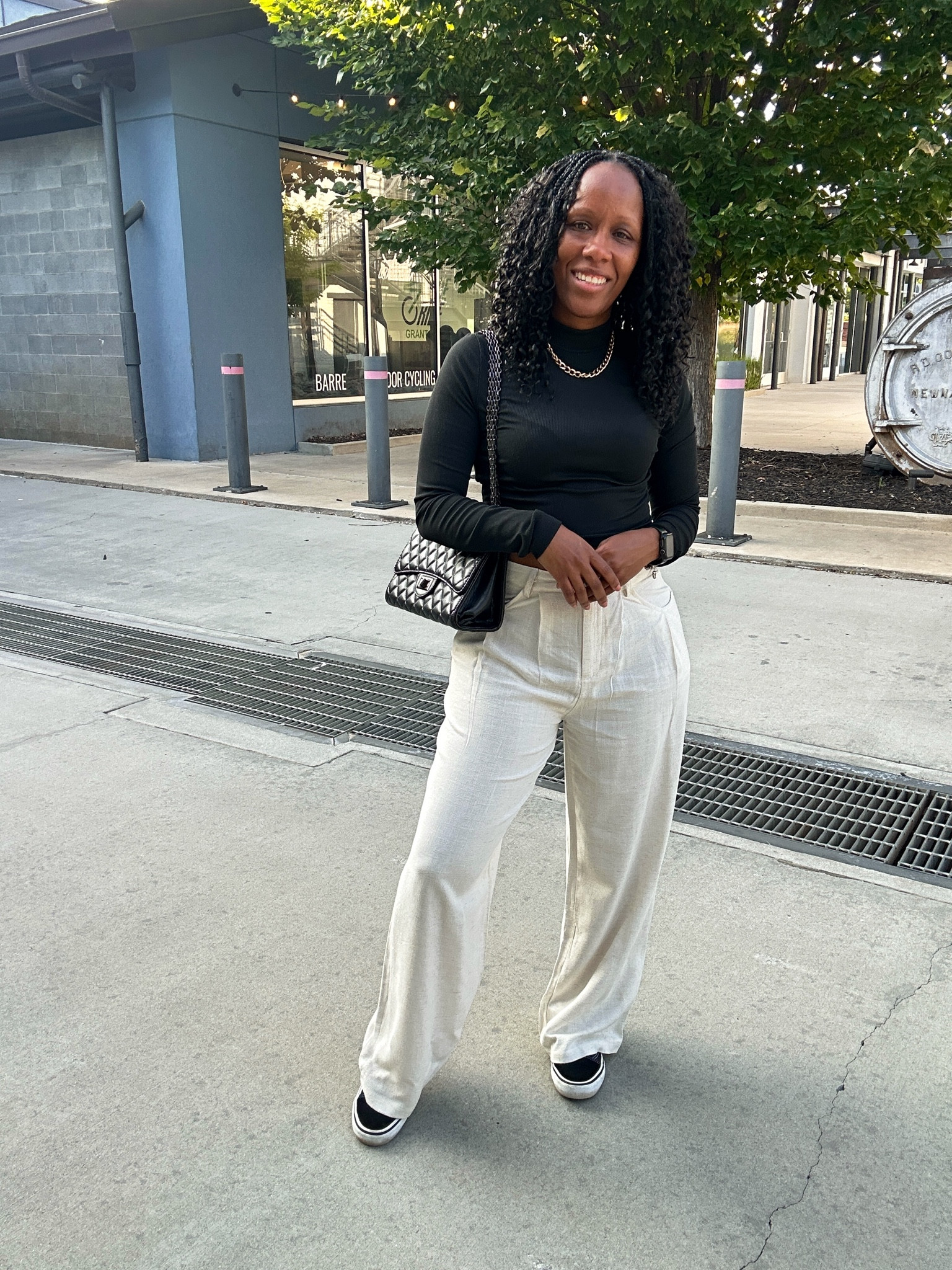 Fall outfit.

I’m wearing a black long sleeve crop top with beige trousers.

I styled this outfit with a black quilted bag and black and white vans sneakers.

#LTKStyleTip #LTKFindsUnder50 #LTKSeasonal