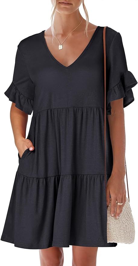 ANRABESS Women's 2024 Summer V Neck Ruffle Short Sleeve A Line Tiered Flowy Casual Mini Beach Dre... | Amazon (US)