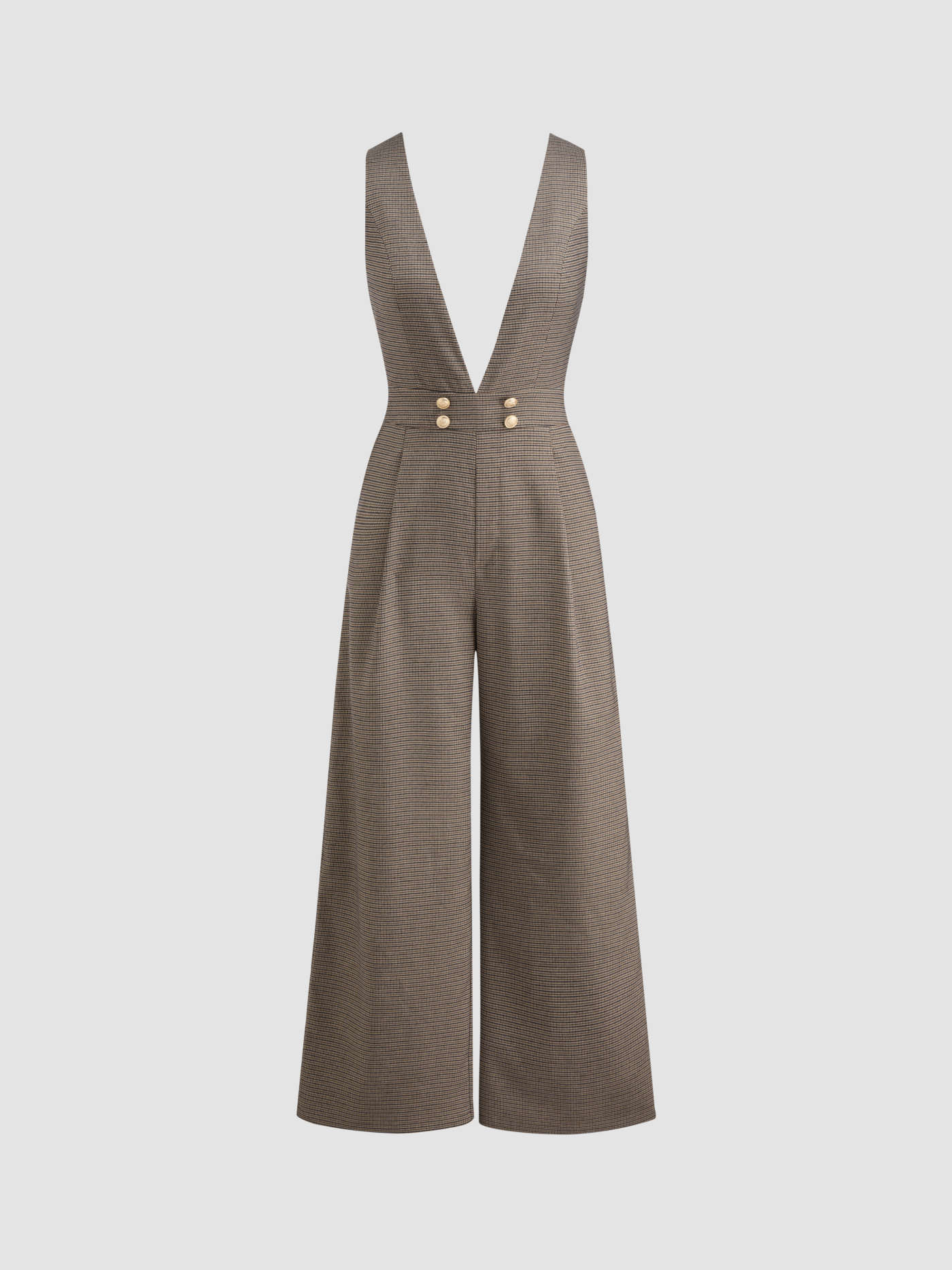 Woven V-neck Houndstooth Zipper Pocket Wide Leg Jumpsuit For Work | Cider