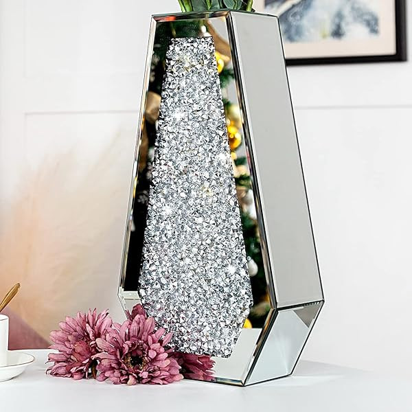 ALLARTONLY Flower Vase Crushed Diamond Mirrored Vase Crystal Silver Glass Decorative Mirror Vase Lar | Amazon (US)