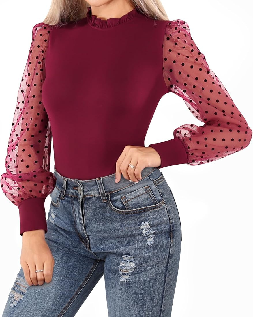 MANGOPOP Women's Dressy Casual Polka Dot Sheer Mesh Long Sleeve Blouses Ruffle Mock Turtle Neck S... | Amazon (US)