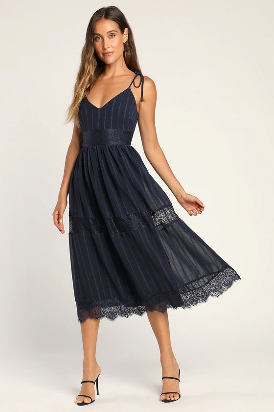 Love the Day Navy Lace Tie-Strap Midi Dress | Lulus (US)