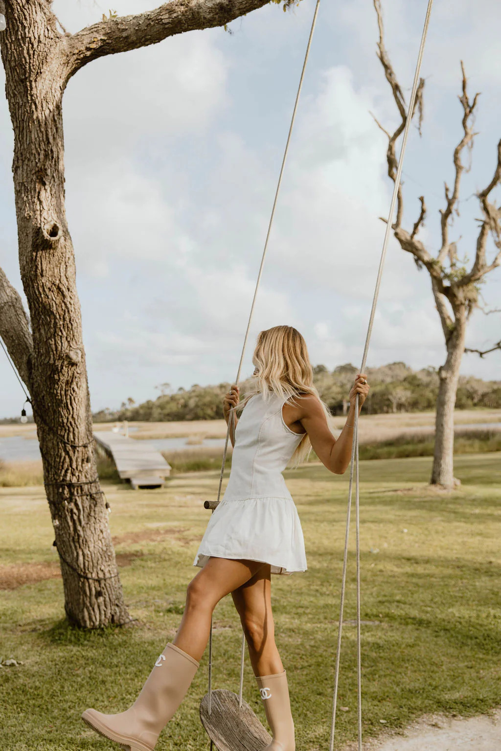 Sasha Boat Neck Denim Dress-White Large | Fancyd Boutiqe