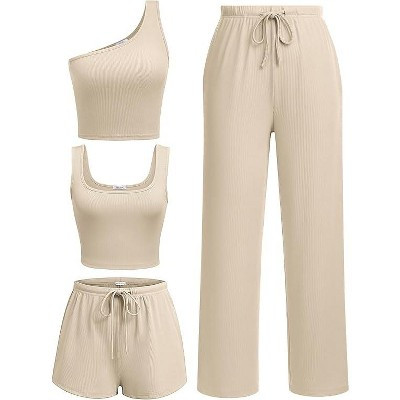Ekouaer Womens 4 Piece Lounge Sets Ribbed Knit Crop Tank Top and Shorts Pants Casual Outfits Light Coffee S | Target