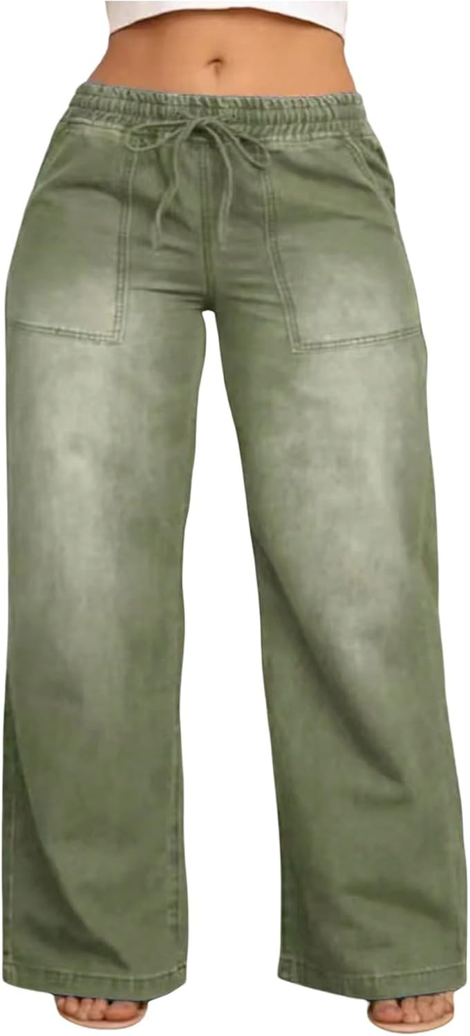 WDIRARA Women's Plus Size Drawstring Waist Jeans Wide Leg Baggy Denim Pants | Amazon (US)
