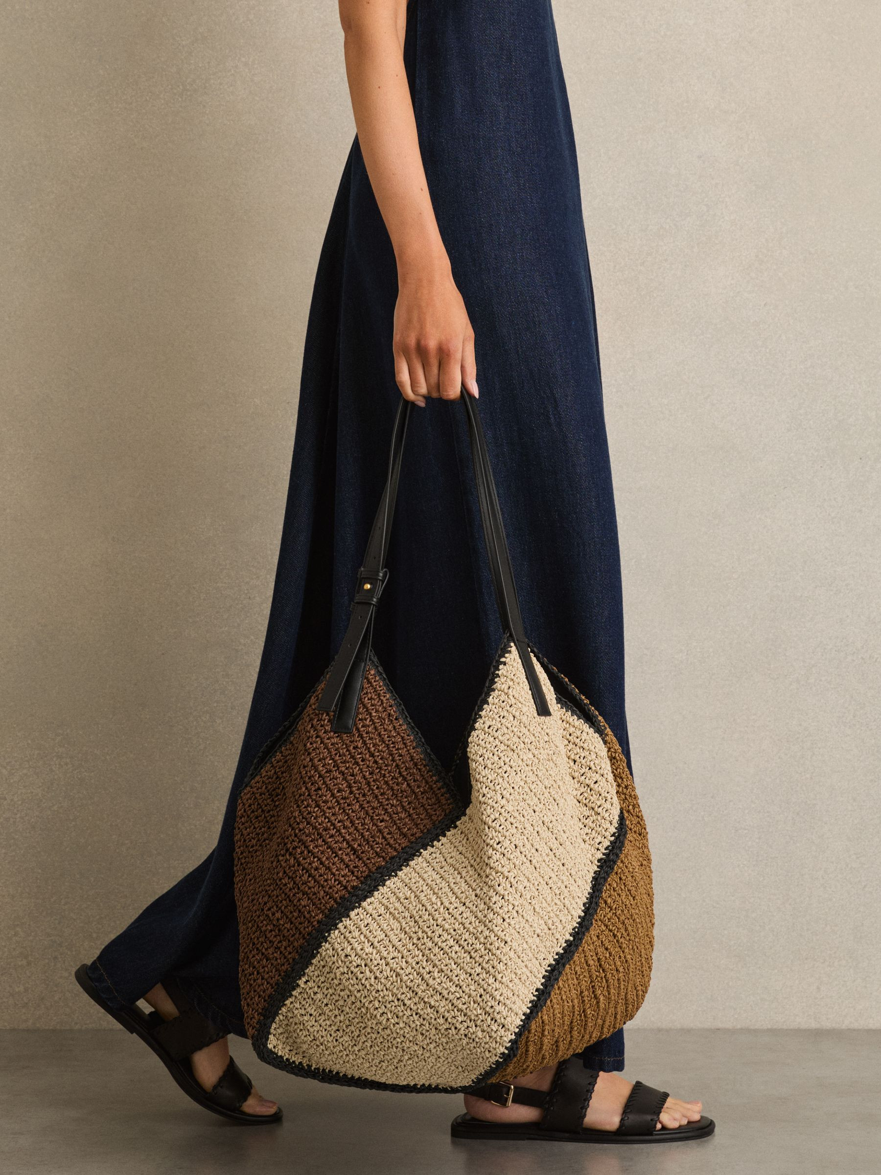 Reiss Raffia-Effect Colour-Block Tote Bag in Tan - REISS | Reiss UK