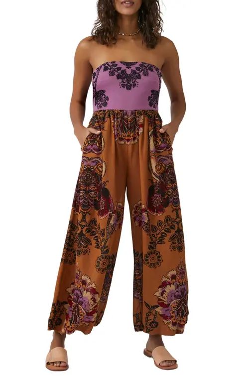Free People Indio Sun Strapless Wide Leg Jumpsuit in Golden Combo at Nordstrom, Size X-Large | Nordstrom