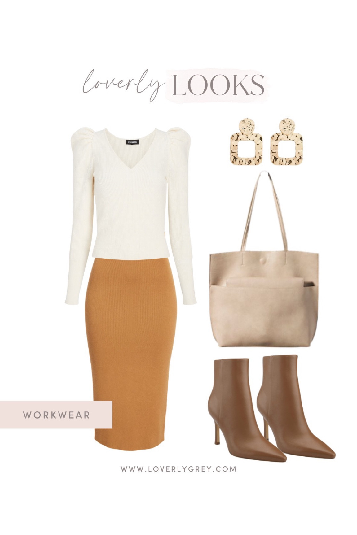 Loverly grey workwear look for fall featuring a puff sleeve shirt and midi skirt.

#LTKworkwear #LTKunder100 #LTKstyletip