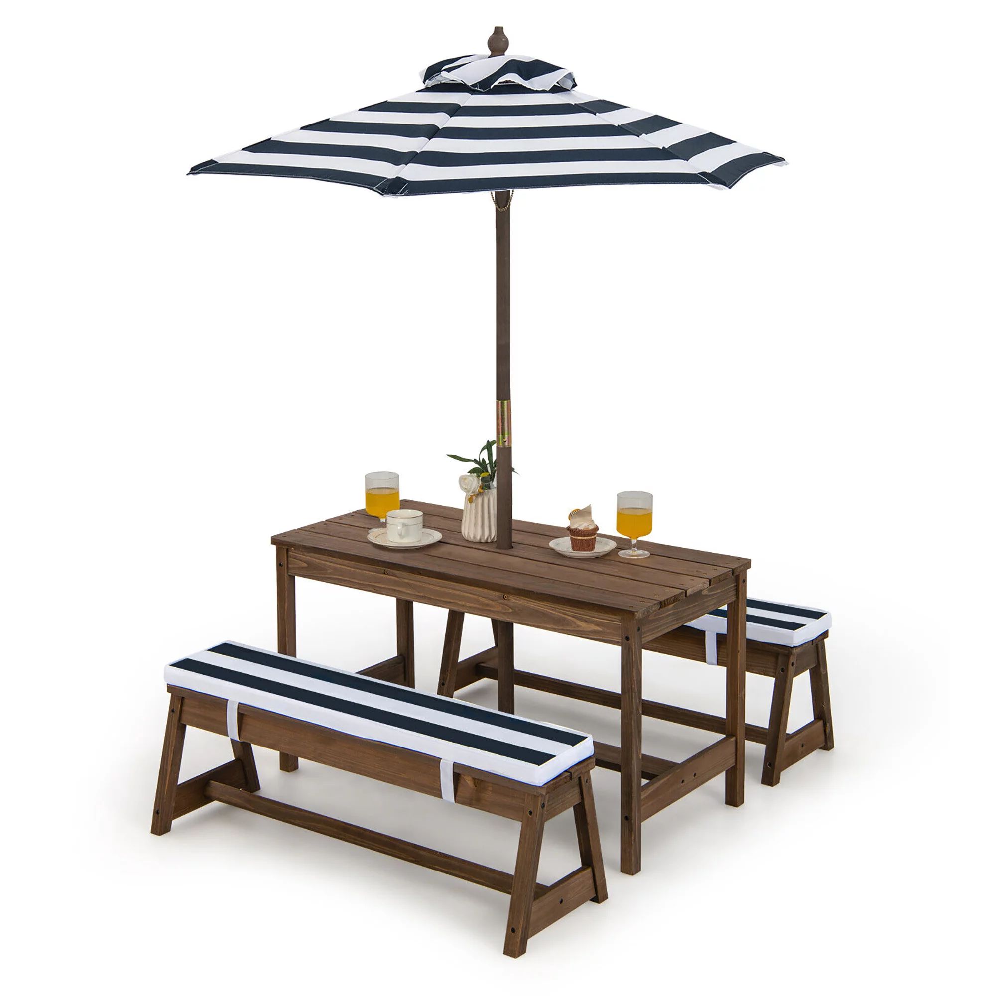 Gymax Kids Wood Picnic Table and Bench Set w/ Cushions Umbrella for Indoor Outdoor Blue | Walmart (US)
