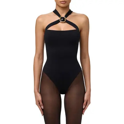 Naked Wardrobe Body Flex Cross Front Halter Bodysuit in Black at Nordstrom, Size Small | Nordstrom
