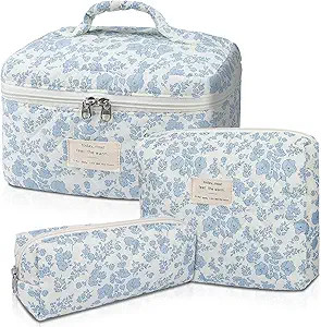 Gosect Makeup Bag, Large Quilted Cosmetic Bag, Big Floral Make Up Bag for Women Girls, Cute Cotto... | Amazon (US)