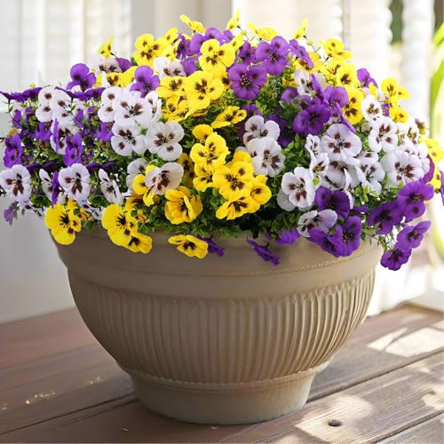 Rowfad 18 Bundles Artificial Fake Pansy Flowers for Outdoor, Faux UV Resistant Silk Pansies Flowers for Outside Planter Front Door Porch Yard Patio Window Box Home Decor (18, Purple, Yellow, White) | Amazon (US)