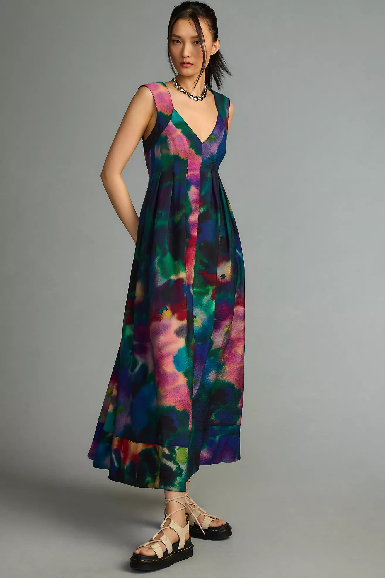 By Anthropologie Printed V-Neck Pleated A-Line Dress | Anthropologie (US)