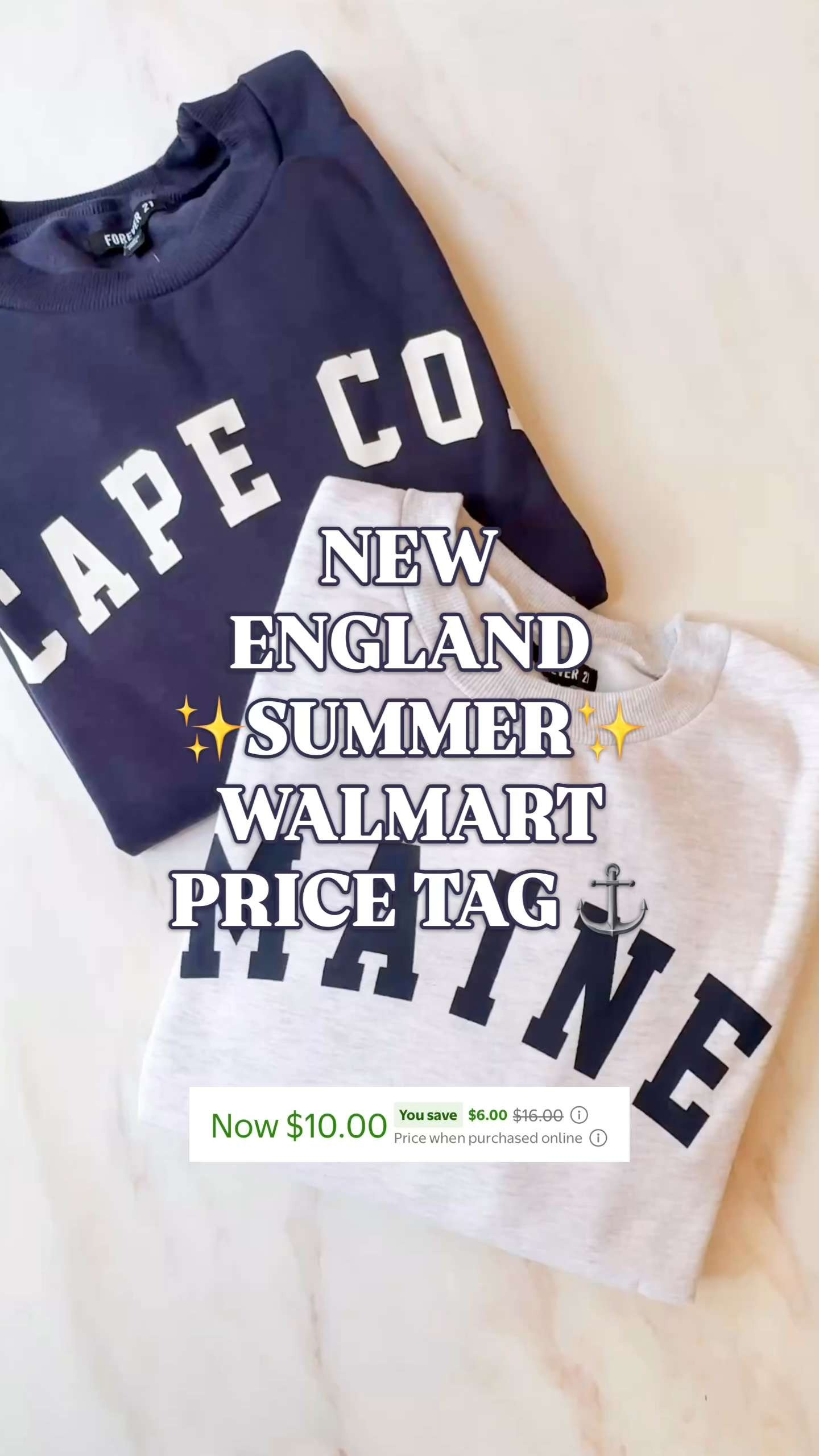 Walmart deals | $10 coastal sweatshirt | New England summer | Walmart finds | preppy style

New England summer, Walmart price tag.

These coastal crewneck sweatshirts are only $10 right now, and they are the kind of Walmart deal that makes sense immediately: Maine sweatshirt, Cape Cod sweatshirt, Hamptons sweatshirt, classic crewneck fit, long sleeves, soft cozy fleece feel, relaxed pullover style, and that easy beach-town layer you throw on all summer.

The whole vibe is coastal preppy, New England summer, lake weekend, beach house morning, cool summer night, post-beach sweatshirt, Fourth of July weekend, vacation travel outfit, and coffee run after the beach.

Wear them with white chino shorts, white jeans, denim shorts, navy shorts, linen pants, leggings, joggers, a tennis skirt, or thrown over a swimsuit after the pool. Add gold sandals, white sneakers, Jack Rogers-style sandals, pearl studs, small gold hoops, a canvas tote, or a baseball cap and the outfit is done.

These are junior sizing, so check the size chart and consider sizing up if you want that relaxed oversized sweatshirt fit.

Perfect for beach vacations, lake weekends, airport outfits, travel days, road trips, boat days, casual errands, school pickup, beach town shopping, cool summer mornings, and everyday coastal style.

Walmart deals, Walmart sale, Walmart finds, Walmart style, Walmart fashion finds, Walmart sweatshirt, Walmart crewneck sweatshirt, coastal sweatshirt, preppy sweatshirt, Maine sweatshirt, Cape Cod sweatshirt, Hamptons sweatshirt, New England sweatshirt, New England summer, coastal style, coastal preppy style, preppy style, summer sweatshirt, beach sweatshirt, vacation outfit, travel outfit, airport outfit, lake weekend outfit, beach vacation outfit, beach town outfit, Fourth of July outfit, white jeans outfit, white shorts outfit, affordable fashion finds

#LTKFindsUnder50 #WalmartDealDays #WalmartFinds #WalmartStyle #PreppyStyle #CoastalStyle #NewEnglandSummer #TravelOutfit
 

 #LTKSeasonal #LTKSaleAlert #LTKTravel