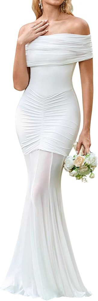 HTZMO Women Sexy Off Shoulder Bodycon Maxi Dress Strapless Ruched Wedding Guest Formal Party Long... | Amazon (US)