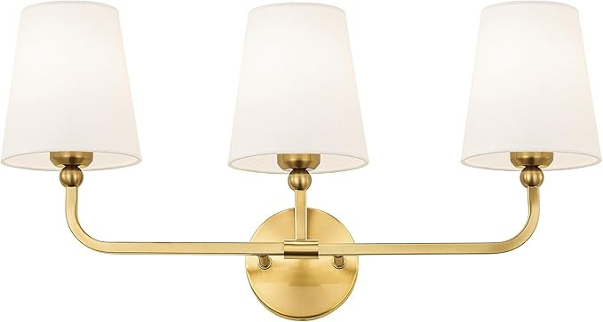 Bathroom Light Fixtures, Brushed Gold Vanity Lights with Flared White Fabric Shade, 3 Light Wall ... | Amazon (US)