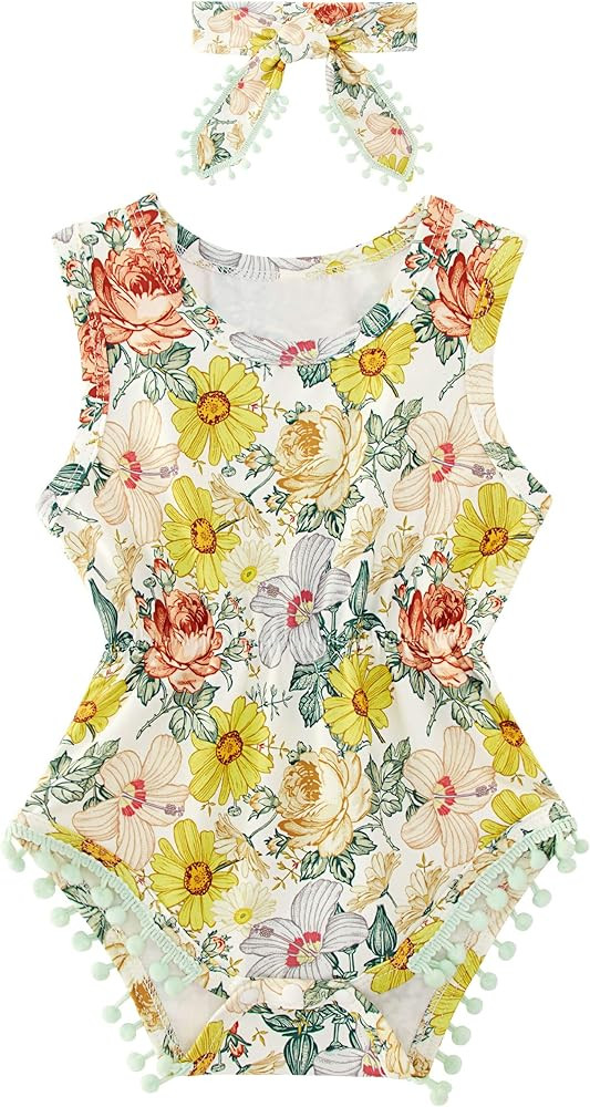 UNICOMIDEA Newborn Toddler Baby Girl Tassel Romper Bodysuit Floral Sleeveless Jumpsuit Outfit Set Ma | Amazon (US)