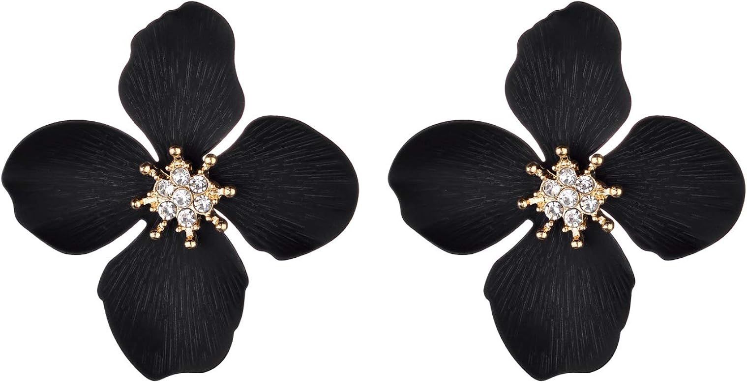 Nicole Miller New York Black Four Leaf Flower Goldtone Center Crystal Rhinestone Stud Earrings | Amazon (US)