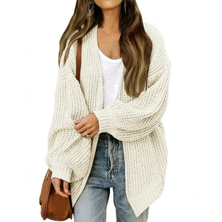 ASDFVBKG White Cardigan Sweaters for Women Long Sleeve Oversized Knitted Cardigans Fall Open Front Loose Lightweight Cute Coat Beige S | Walmart (US)