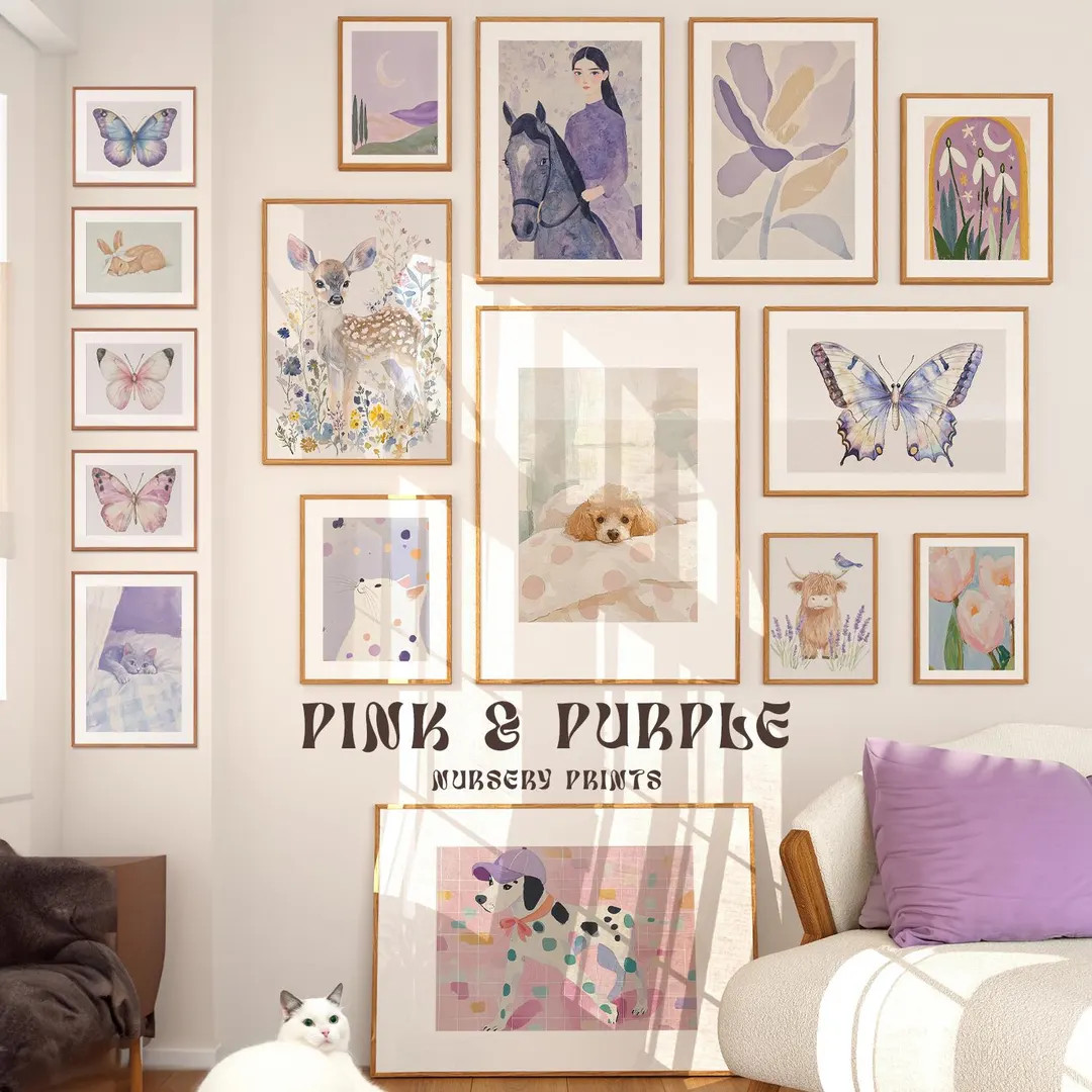 Pink & Purple Vintage Nursery Prints. Set of 70 Wall Art Digital Downloads. Baby Girl Room Decor.... | Etsy (US)