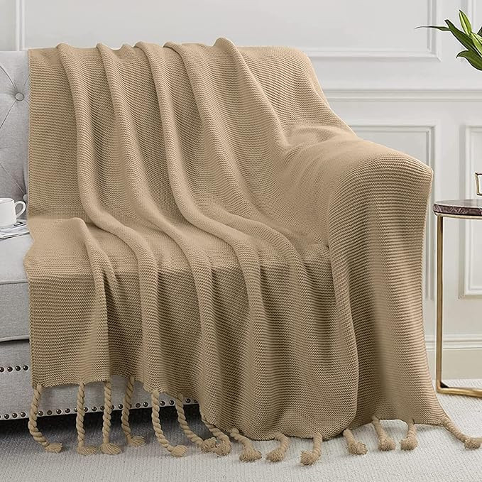 Taupe Throw Blanket with Tassels, Oversized Knitted Throw Blanket for Couch Bed Sofa, 60" x 80" | Amazon (US)