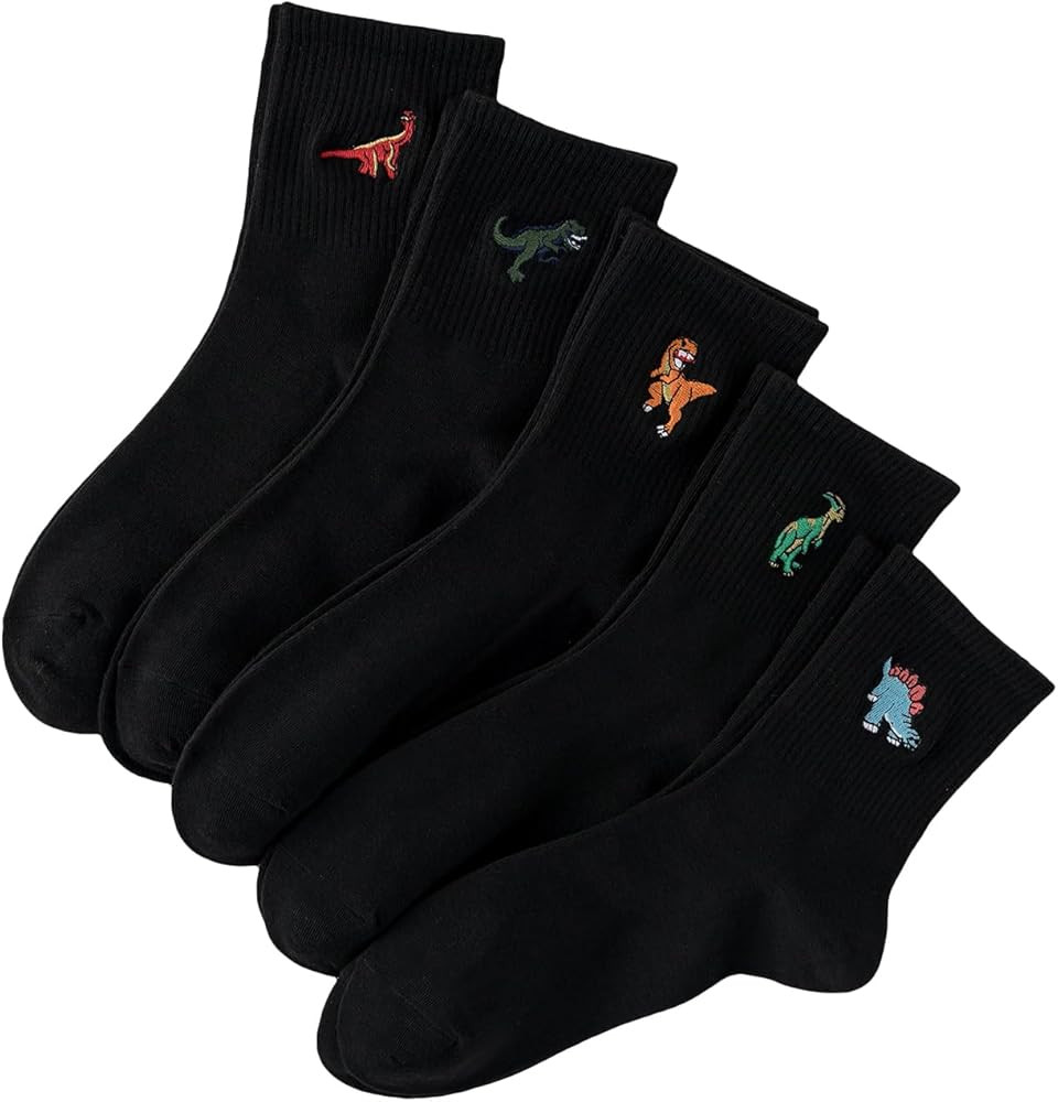 WDIRARA Men's 5 Pairs Dinosaur Embroidered Crew Socks Casual Cartoon Print Crew Socks | Amazon (US)