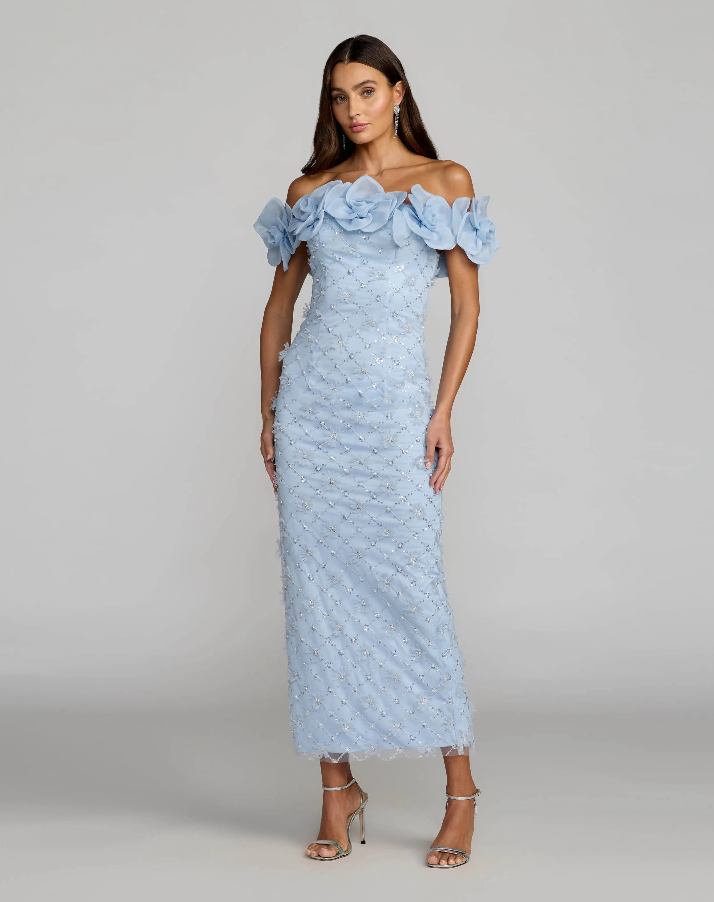 Blue Off The Shoulder Embellished Dress With 3D Flower Detail | Mac Duggal | Mac Duggal